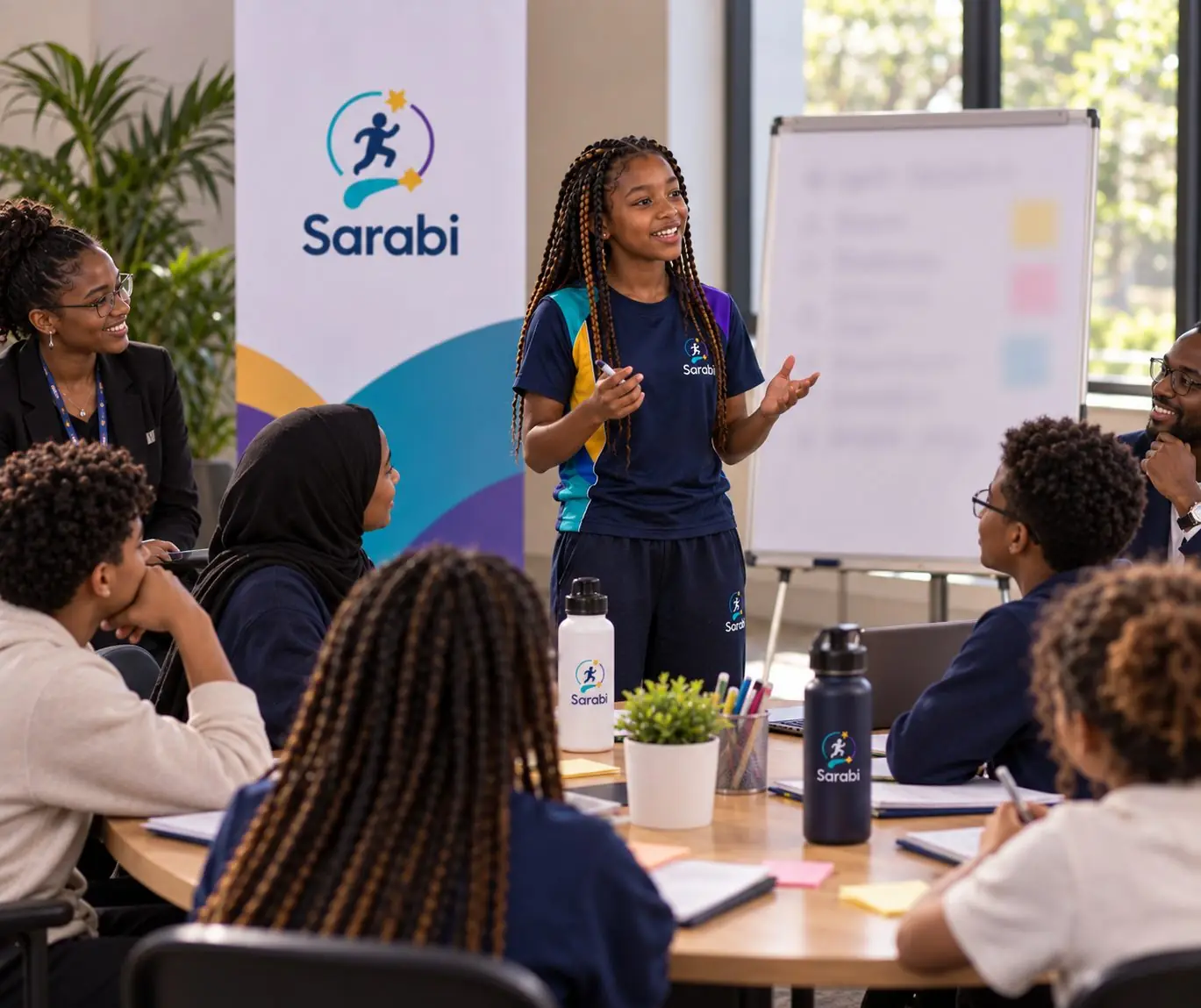 A Sarabi Kids girl leading a session at a board while the group works at a table