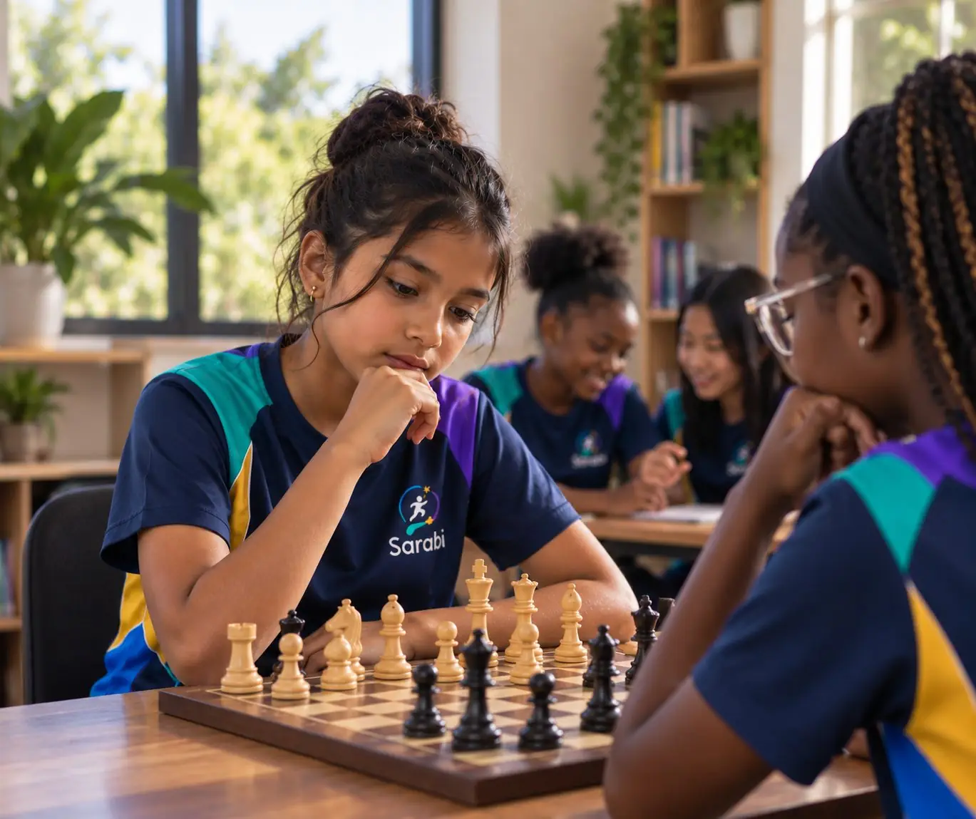 A Sarabi Kids child concentrating over a board game