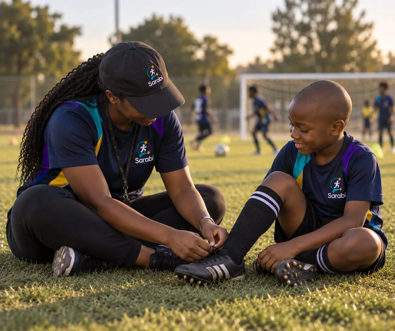 A Sarabi Kids coach kneeling beside a child before a session