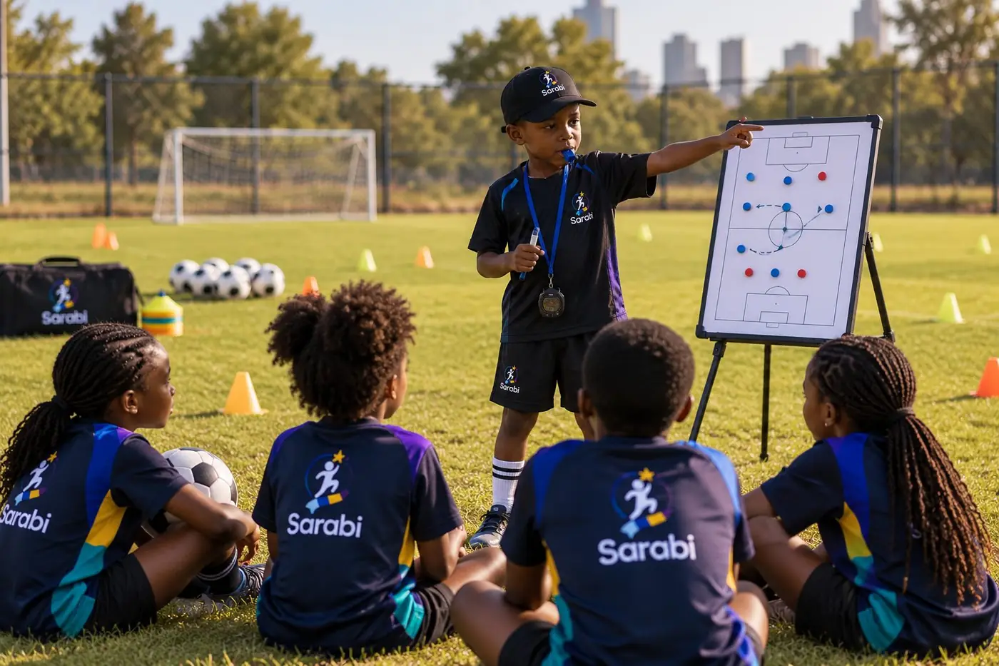 A Sarabi Kids child leading a group through a plan at a board