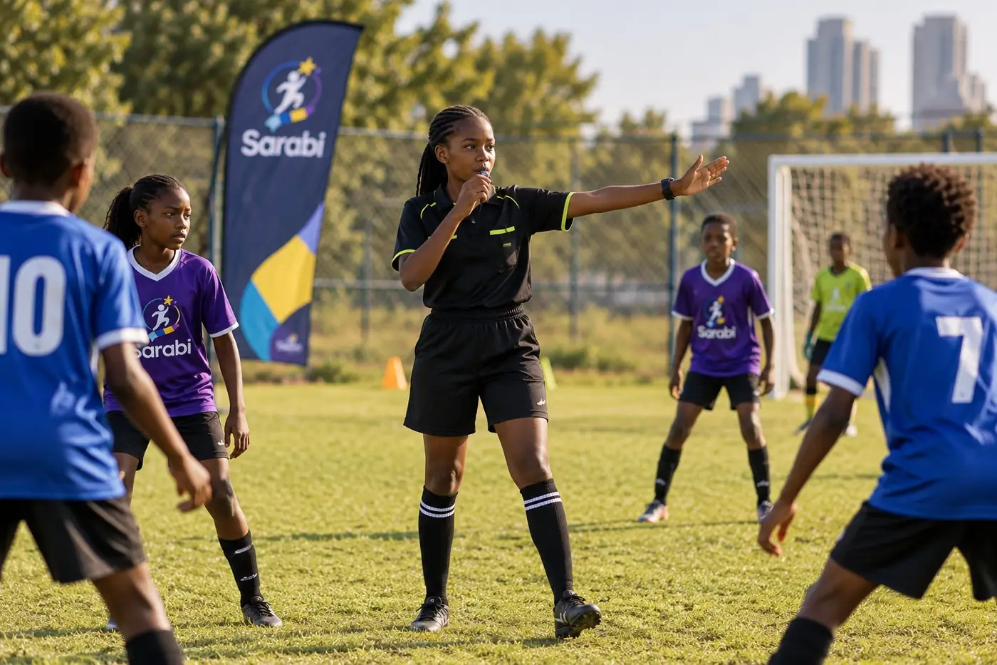 A Sarabi Kids girl refereeing, signalling a decision with a whistle