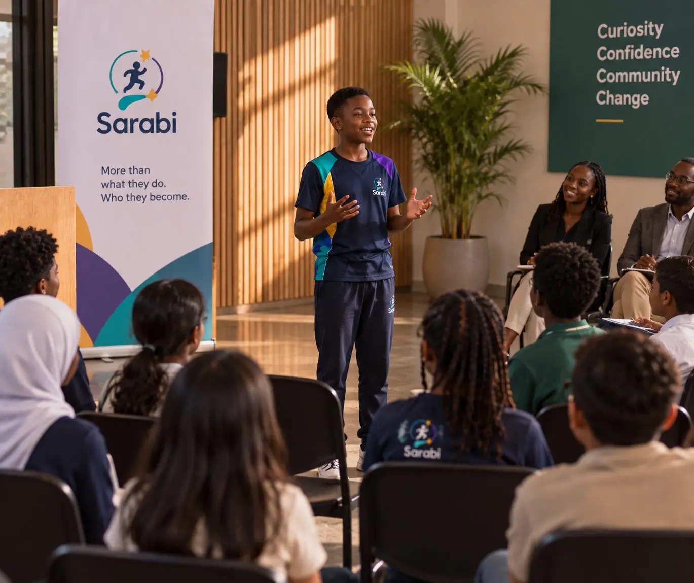 A Sarabi Kids child speaking to a room